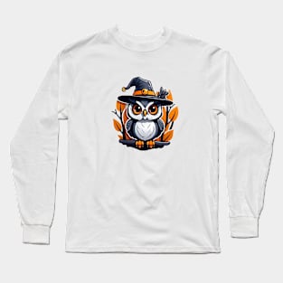 An owl wearing a witches hat sitting on a branch Long Sleeve T-Shirt